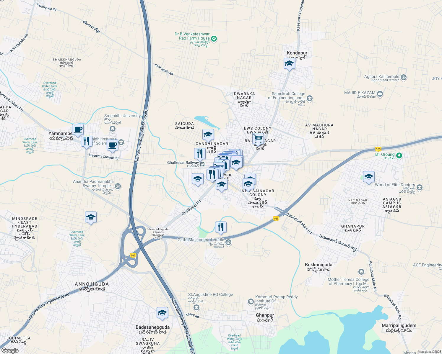 map of restaurants, bars, coffee shops, grocery stores, and more near in Ghatkesar