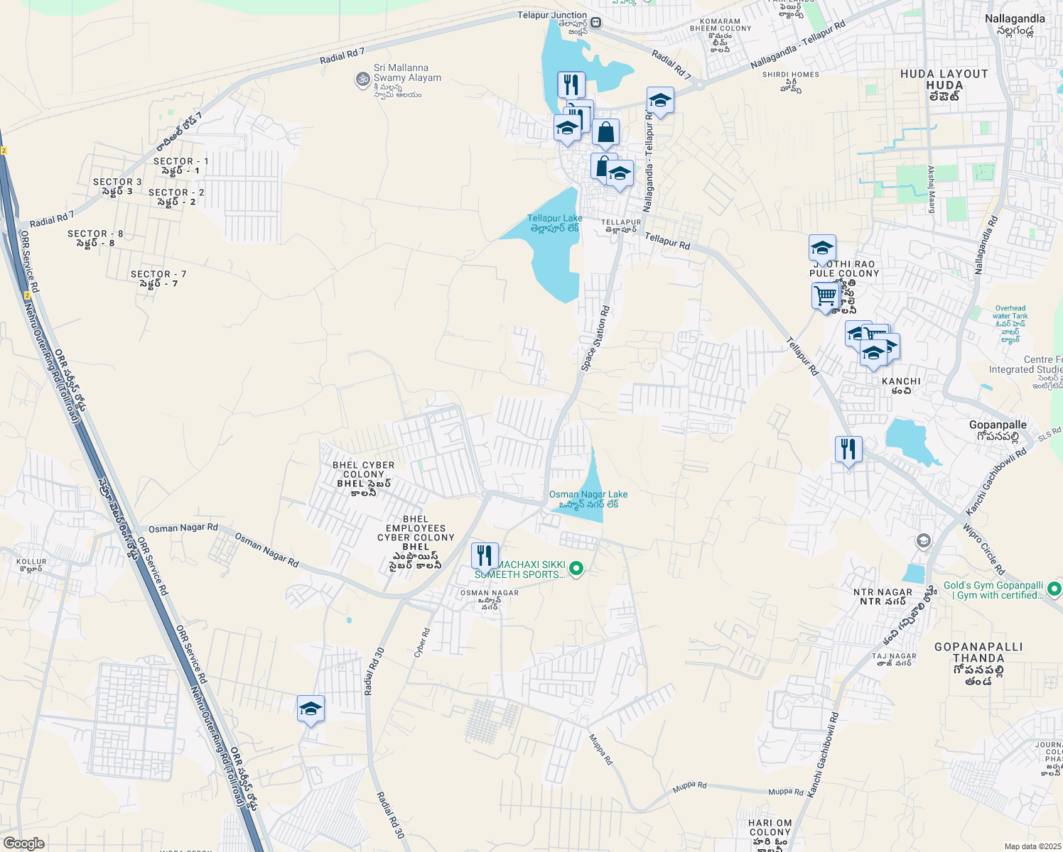map of restaurants, bars, coffee shops, grocery stores, and more near in Hyderabad