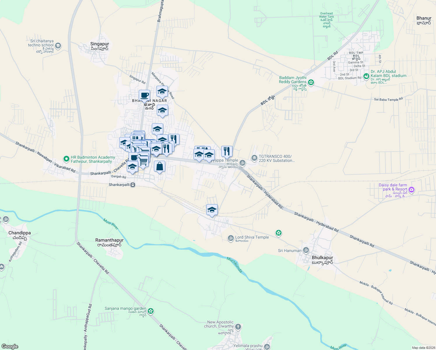 map of restaurants, bars, coffee shops, grocery stores, and more near 1 Shankarpalli Road in Shankarpalle