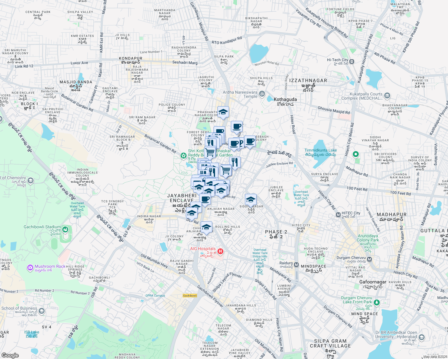map of restaurants, bars, coffee shops, grocery stores, and more near White Field Road in Hyderabad