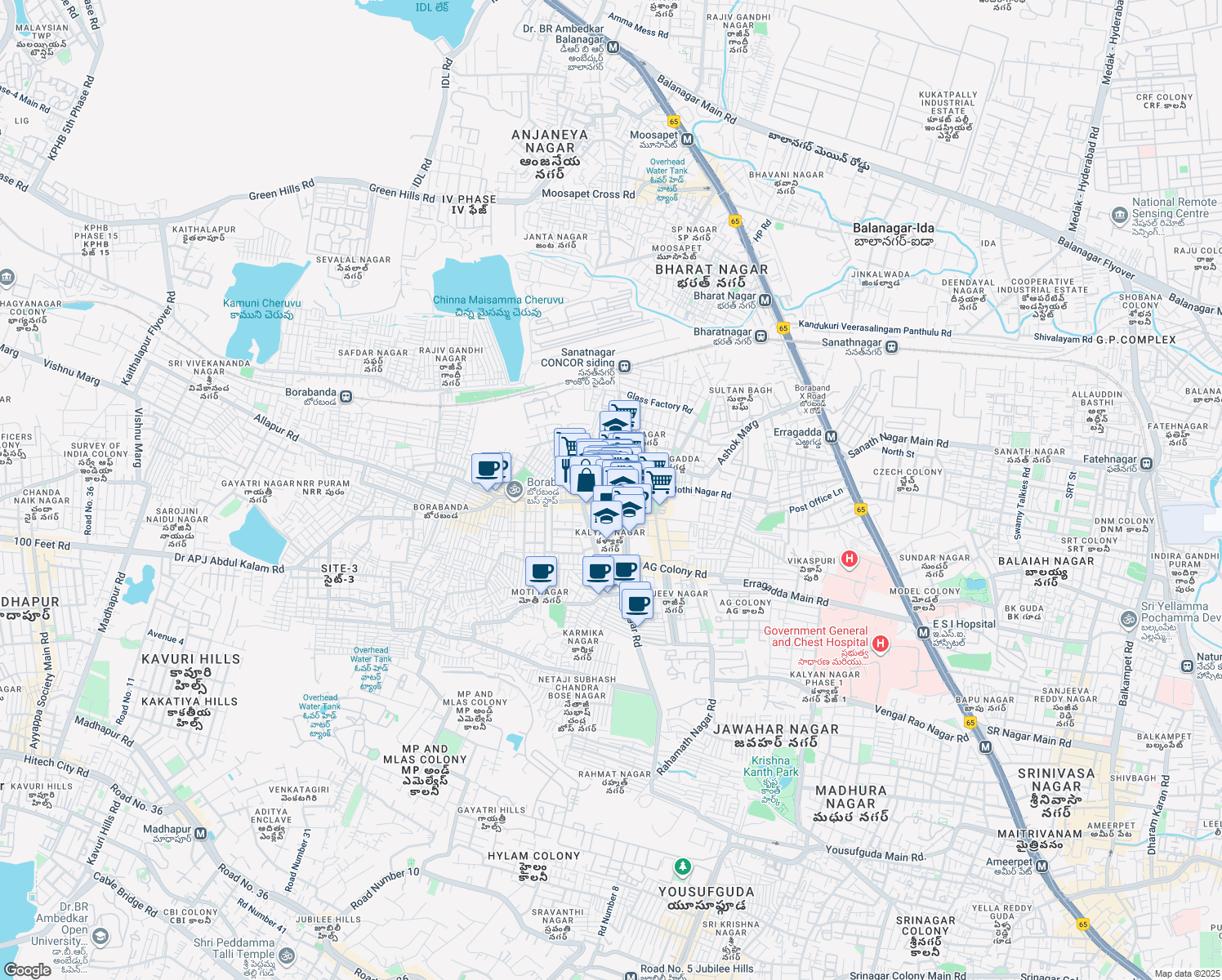 map of restaurants, bars, coffee shops, grocery stores, and more near in Hyderabad