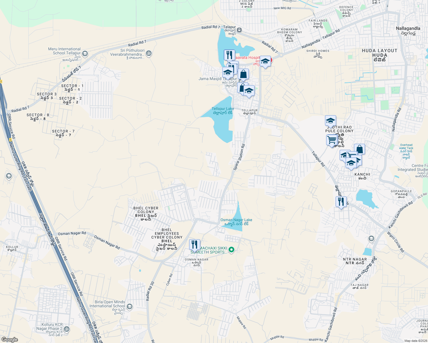 map of restaurants, bars, coffee shops, grocery stores, and more near in Hyderabad