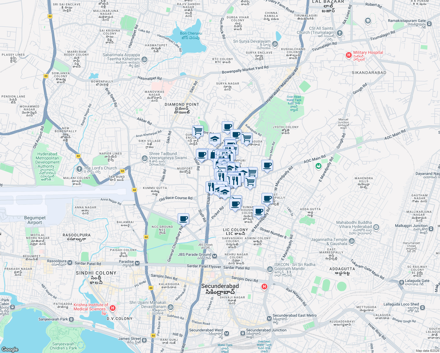 map of restaurants, bars, coffee shops, grocery stores, and more near Vinoba Nagar - Kakatiya Nagar Road in Hyderabad