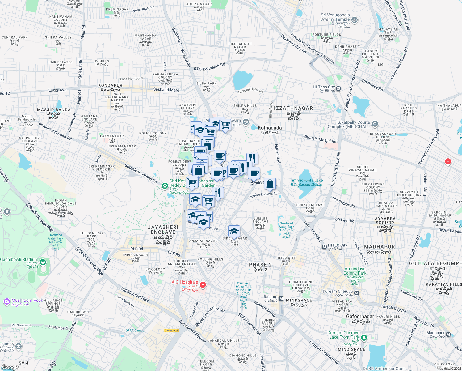 map of restaurants, bars, coffee shops, grocery stores, and more near White Field Road in Hyderabad