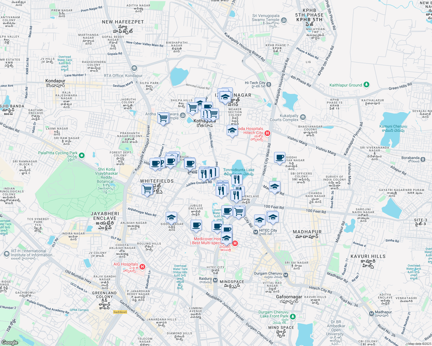 map of restaurants, bars, coffee shops, grocery stores, and more near Hitex Road in Hyderabad