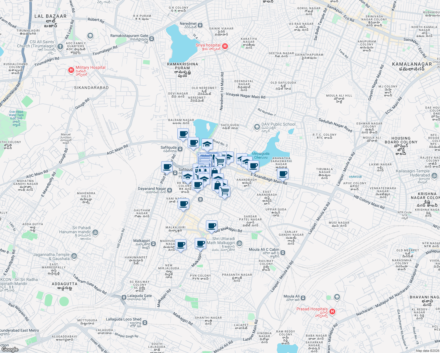 map of restaurants, bars, coffee shops, grocery stores, and more near in Secunderabad