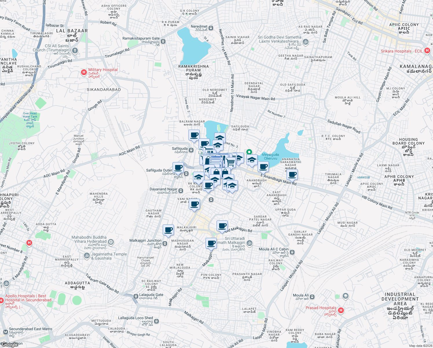 map of restaurants, bars, coffee shops, grocery stores, and more near in Secunderabad