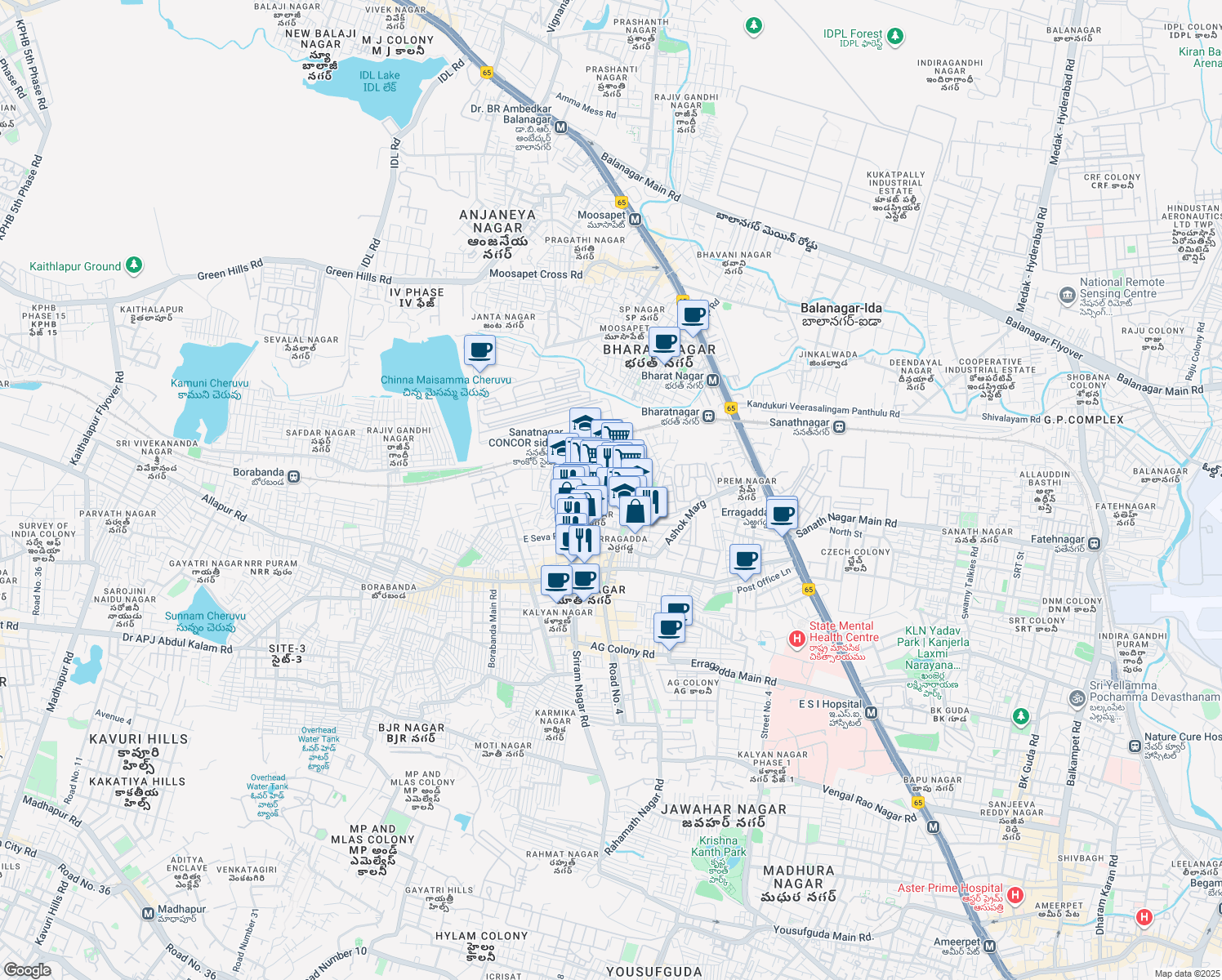 map of restaurants, bars, coffee shops, grocery stores, and more near Ag Glass Factory Road in Hyderabad