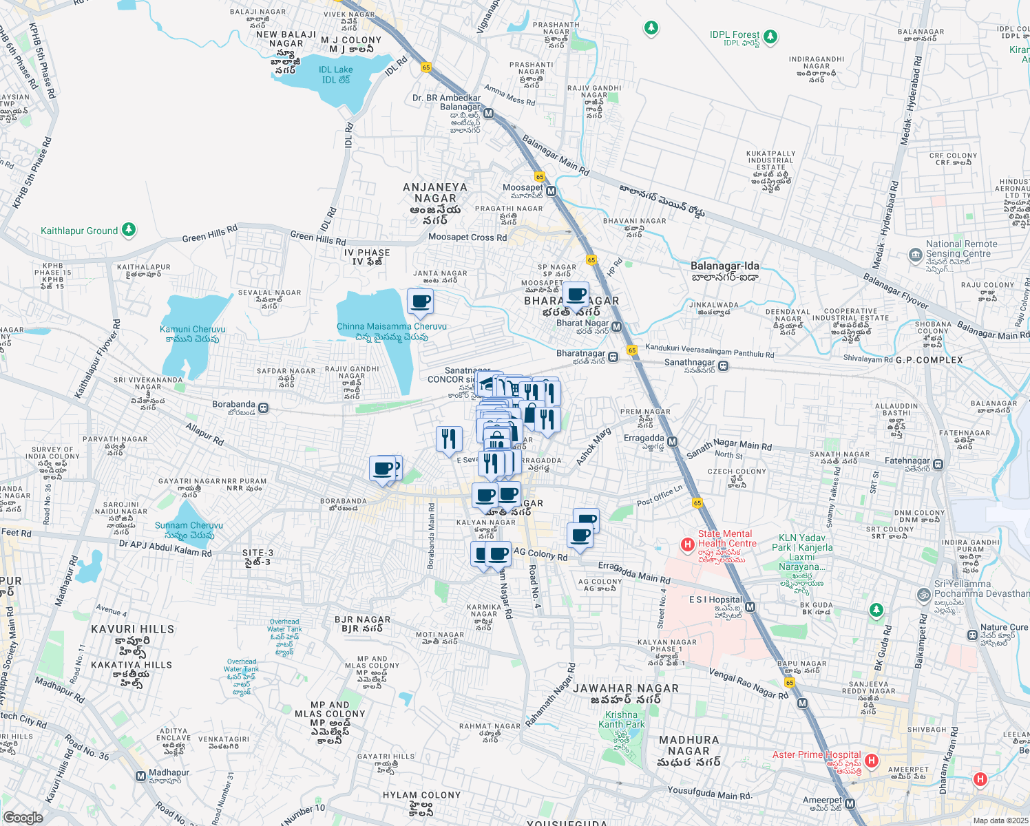 map of restaurants, bars, coffee shops, grocery stores, and more near Ag Glass Factory Road in Hyderabad