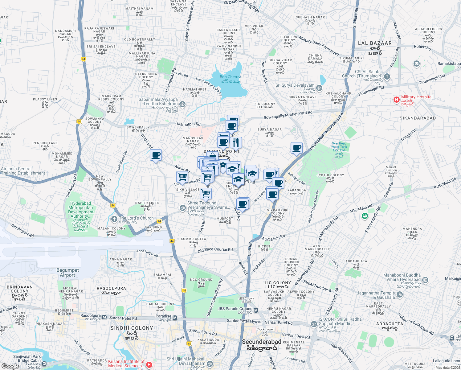 map of restaurants, bars, coffee shops, grocery stores, and more near in Secunderabad