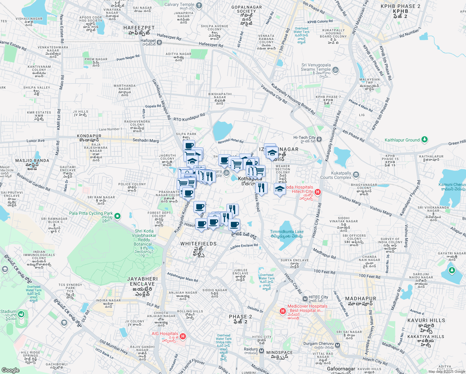 map of restaurants, bars, coffee shops, grocery stores, and more near in Hyderabad