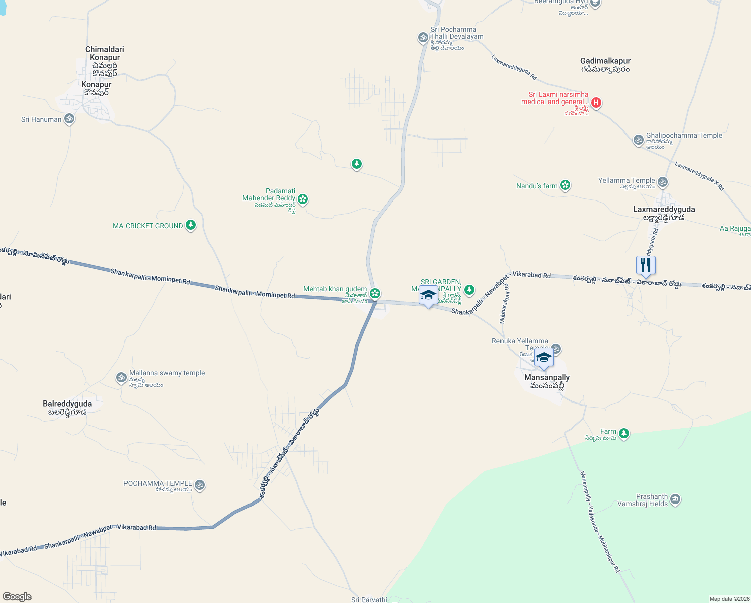 map of restaurants, bars, coffee shops, grocery stores, and more near Shankarpalli - Nawabpet - Vikarabad Road in Mehtab Khan Gudem