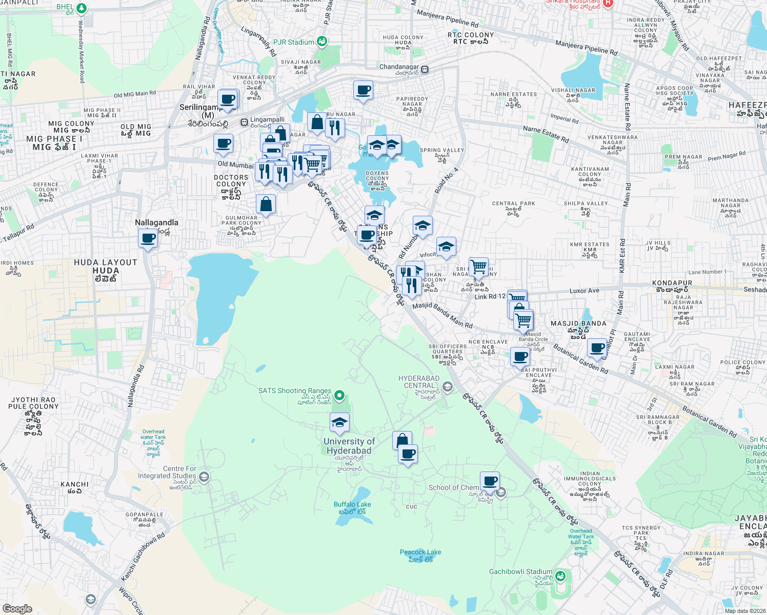 map of restaurants, bars, coffee shops, grocery stores, and more near Prof CR Rao Road in Hyderabad