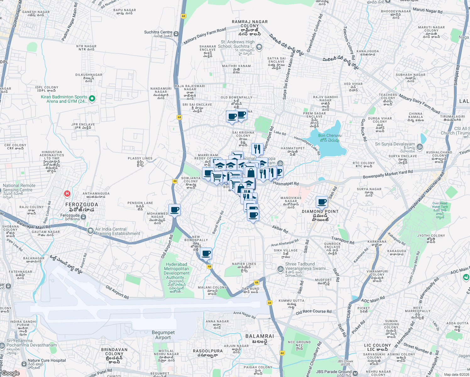 map of restaurants, bars, coffee shops, grocery stores, and more near in Secunderabad