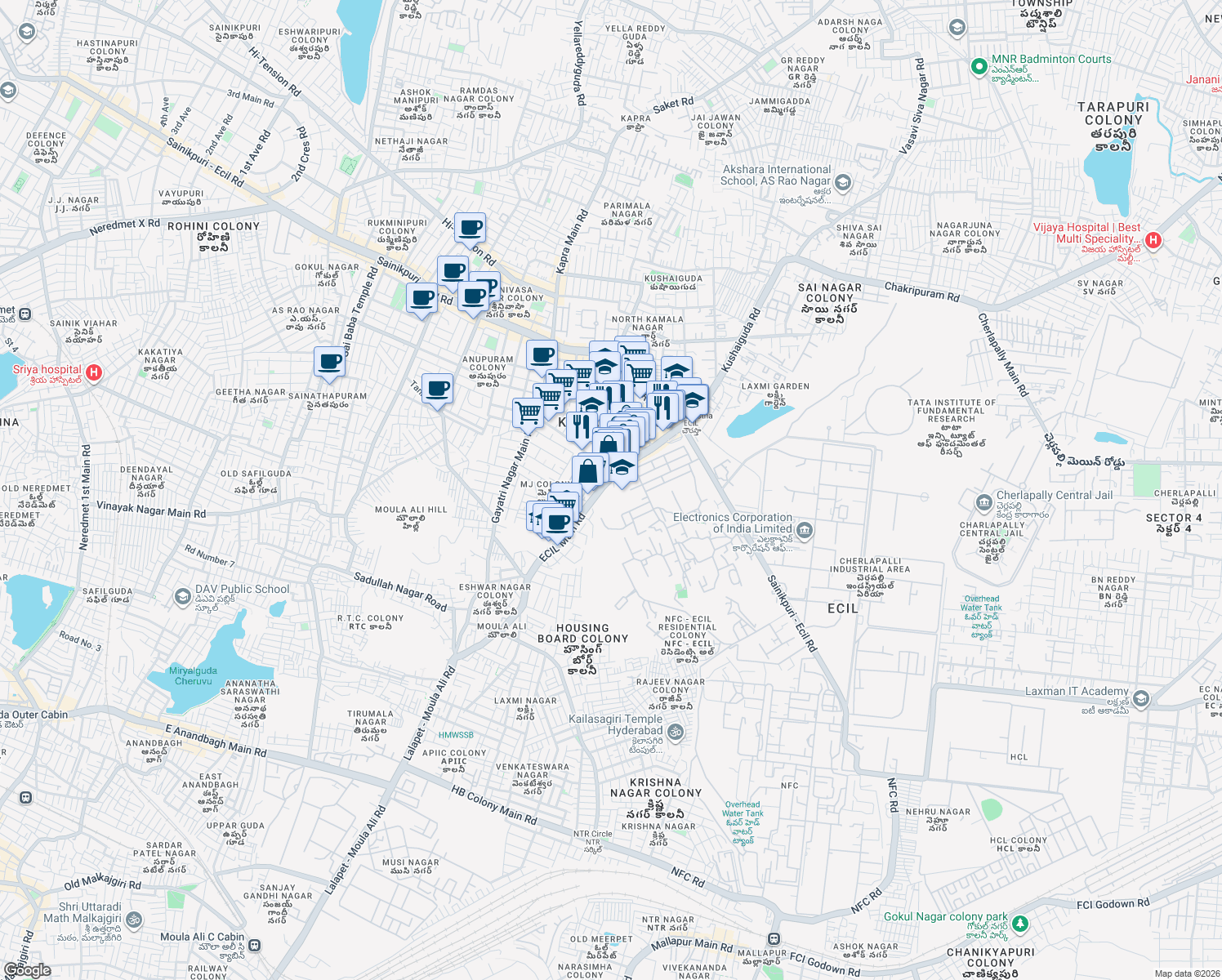 map of restaurants, bars, coffee shops, grocery stores, and more near Moula Ali Road in Secunderabad