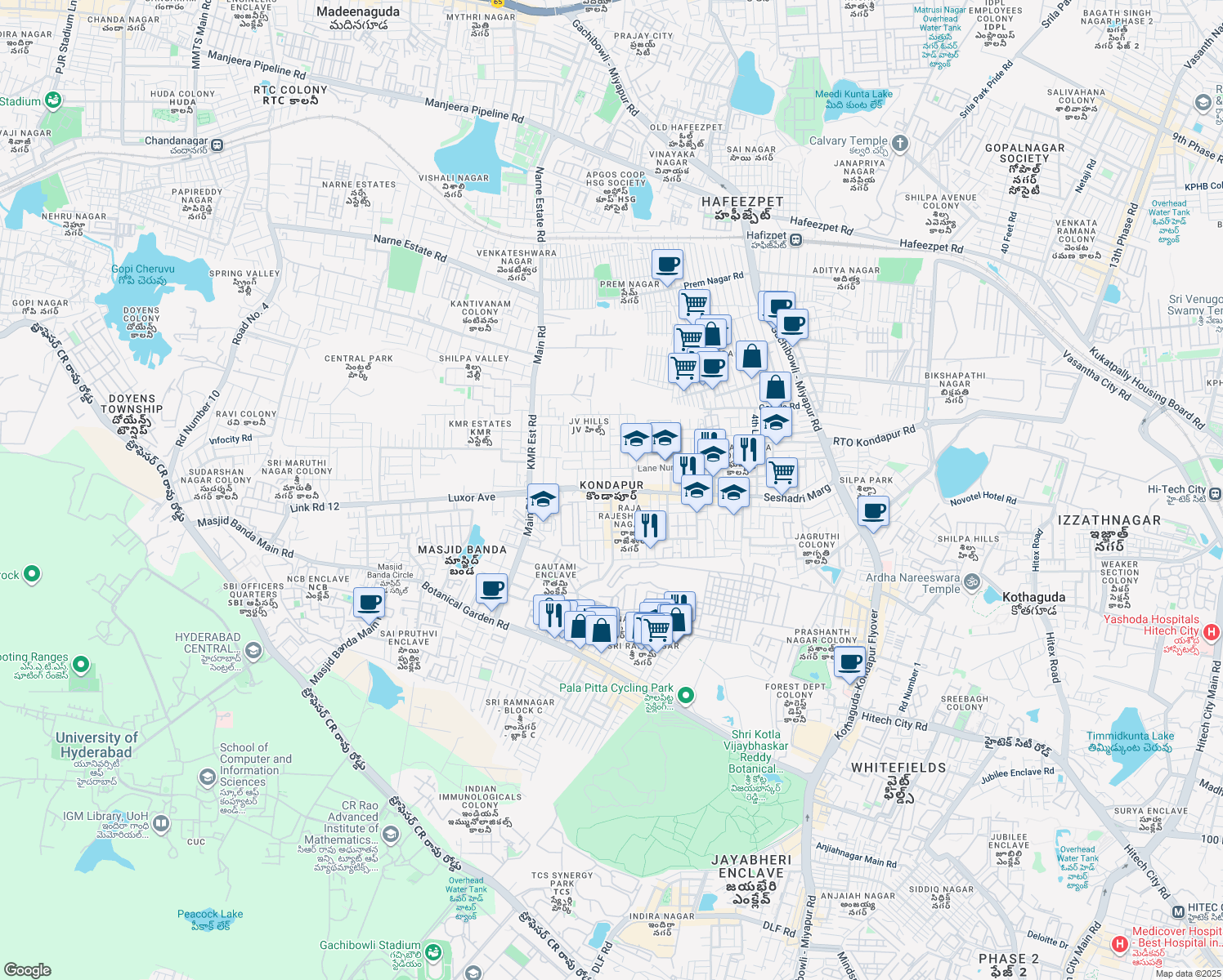 map of restaurants, bars, coffee shops, grocery stores, and more near in Kondapur