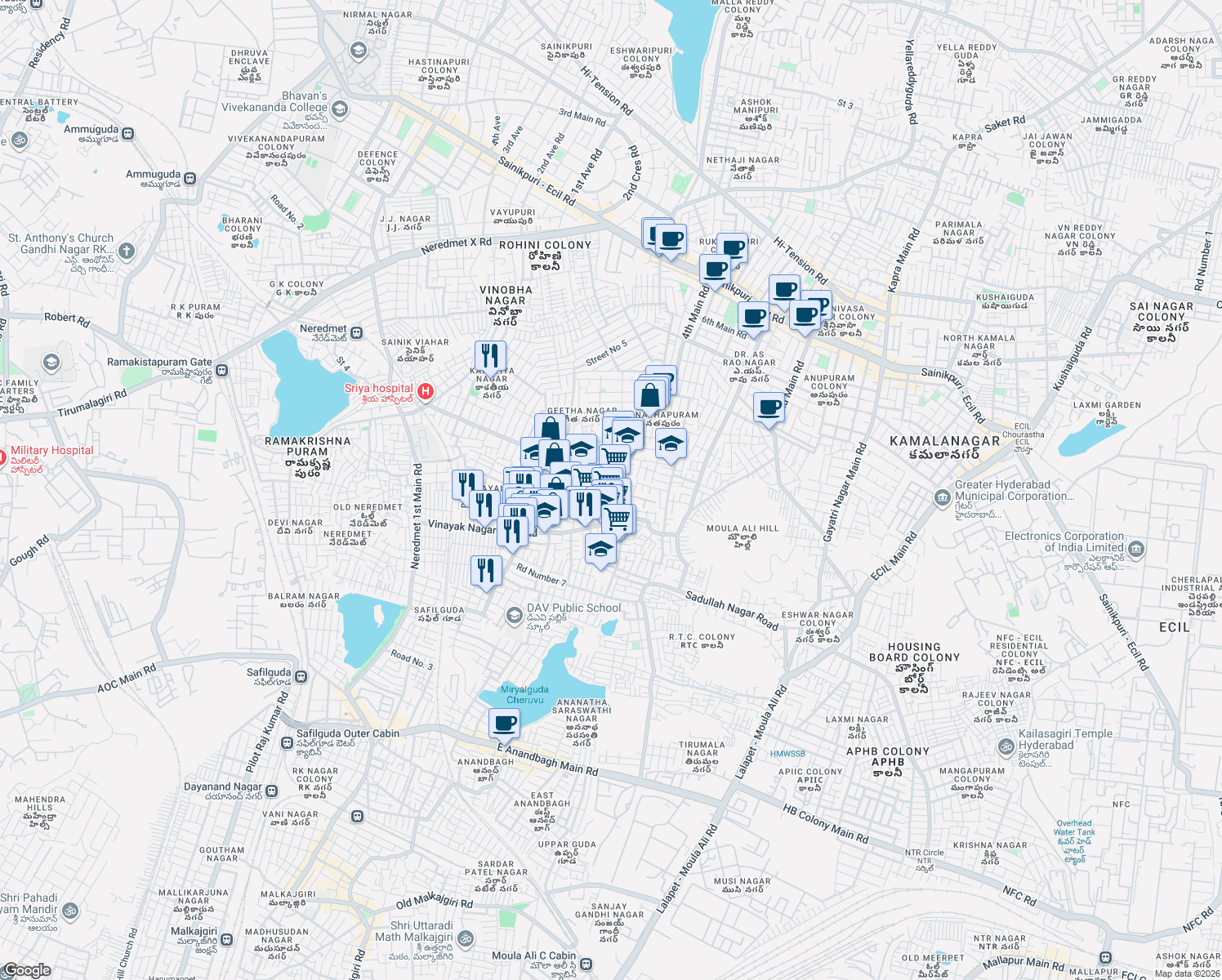map of restaurants, bars, coffee shops, grocery stores, and more near in Secunderabad
