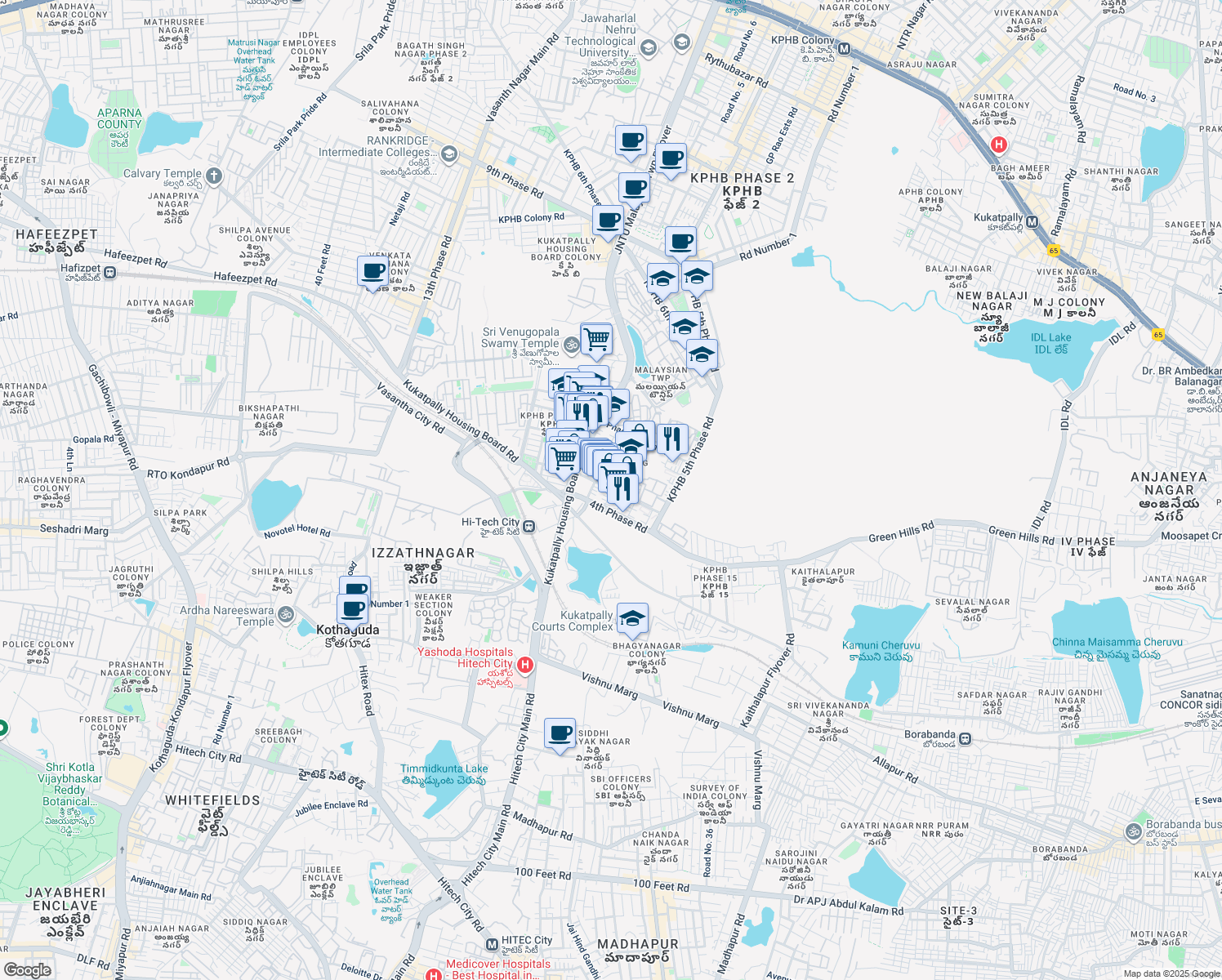 map of restaurants, bars, coffee shops, grocery stores, and more near Unnamed Rd in Hyderabad