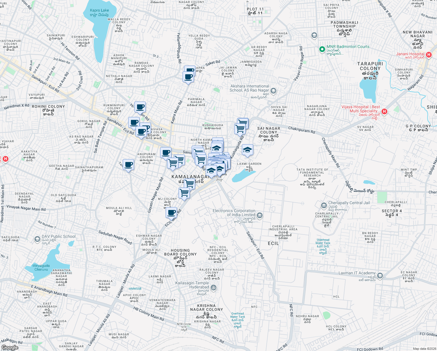 map of restaurants, bars, coffee shops, grocery stores, and more near in Secunderabad