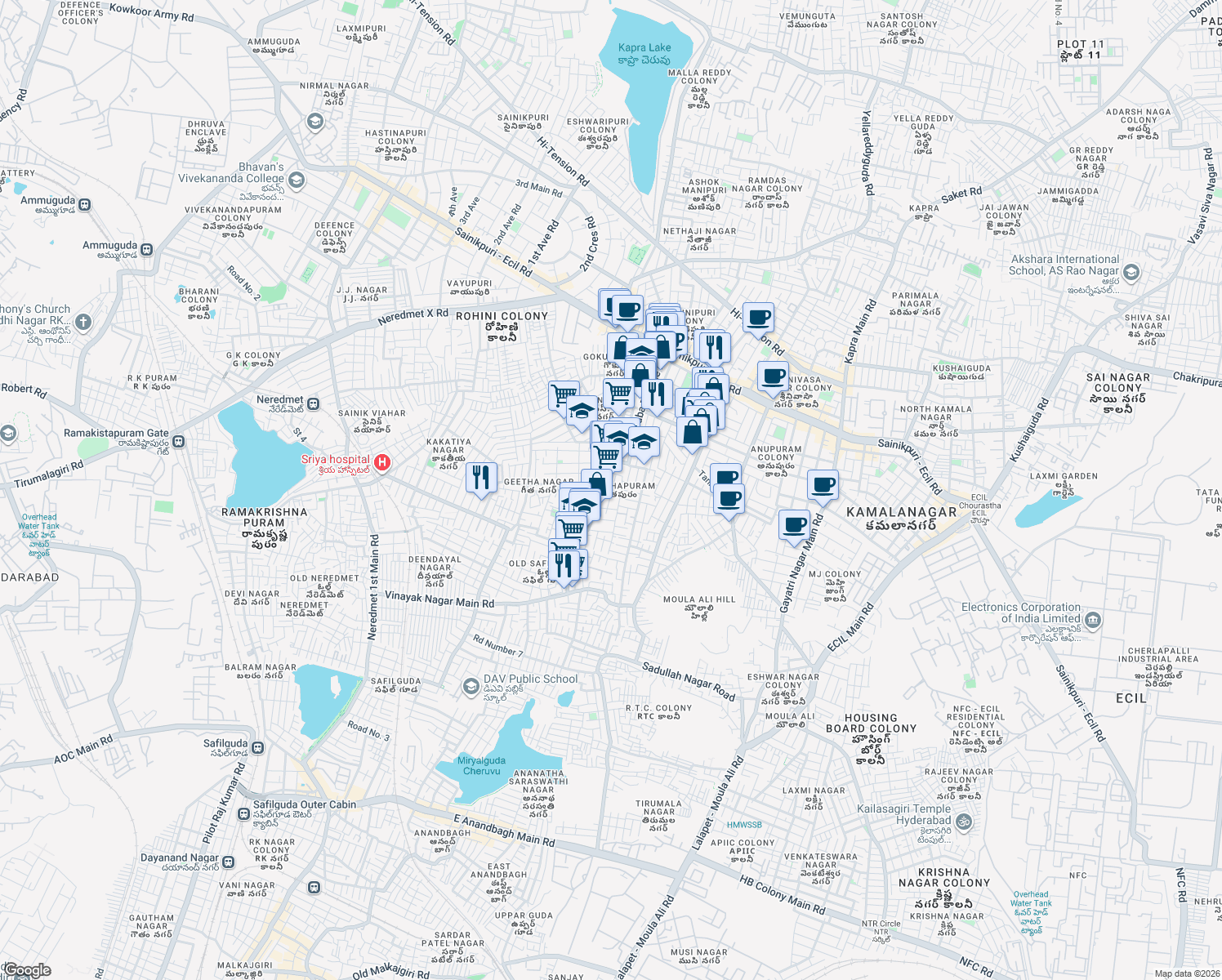 map of restaurants, bars, coffee shops, grocery stores, and more near in Secunderabad