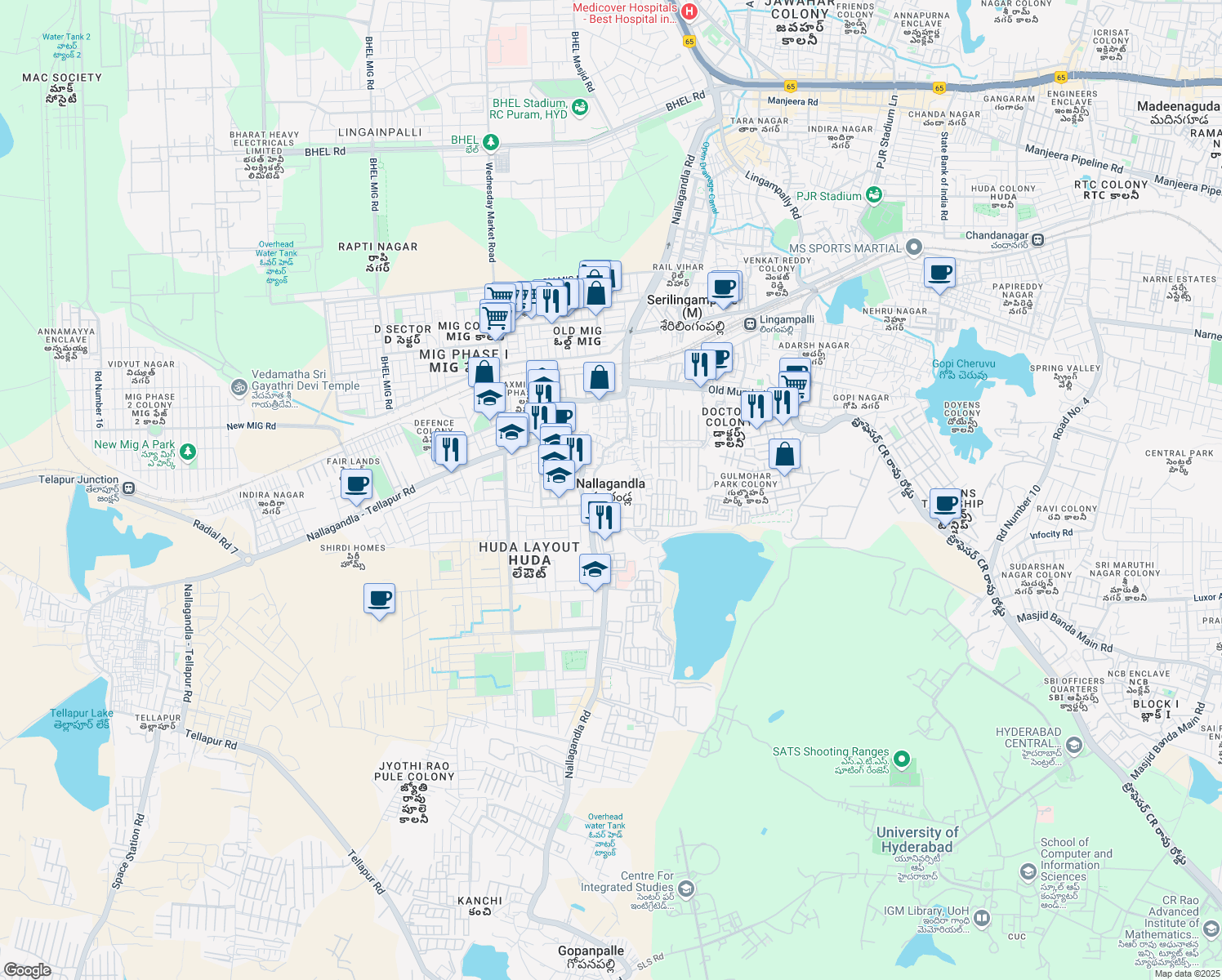 map of restaurants, bars, coffee shops, grocery stores, and more near in Nallagandla