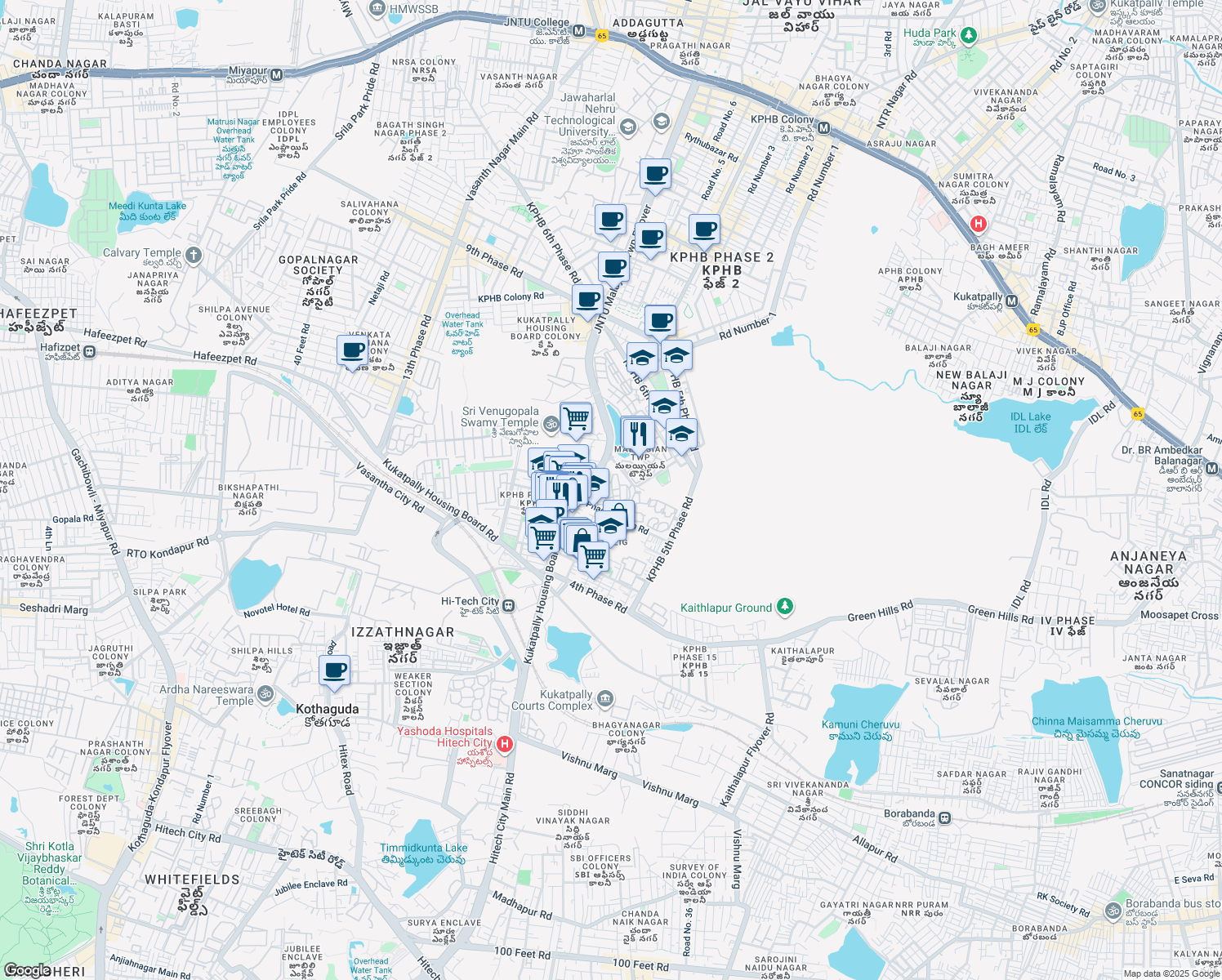 map of restaurants, bars, coffee shops, grocery stores, and more near Hitech City Main Road in Hyderabad