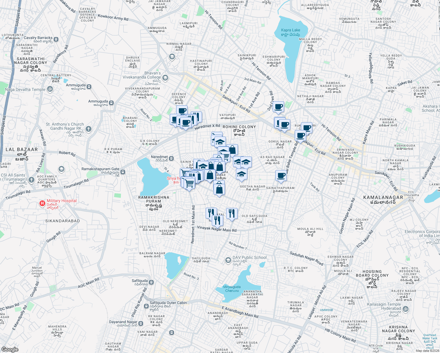 map of restaurants, bars, coffee shops, grocery stores, and more near 2nd Cross Road in Secunderabad