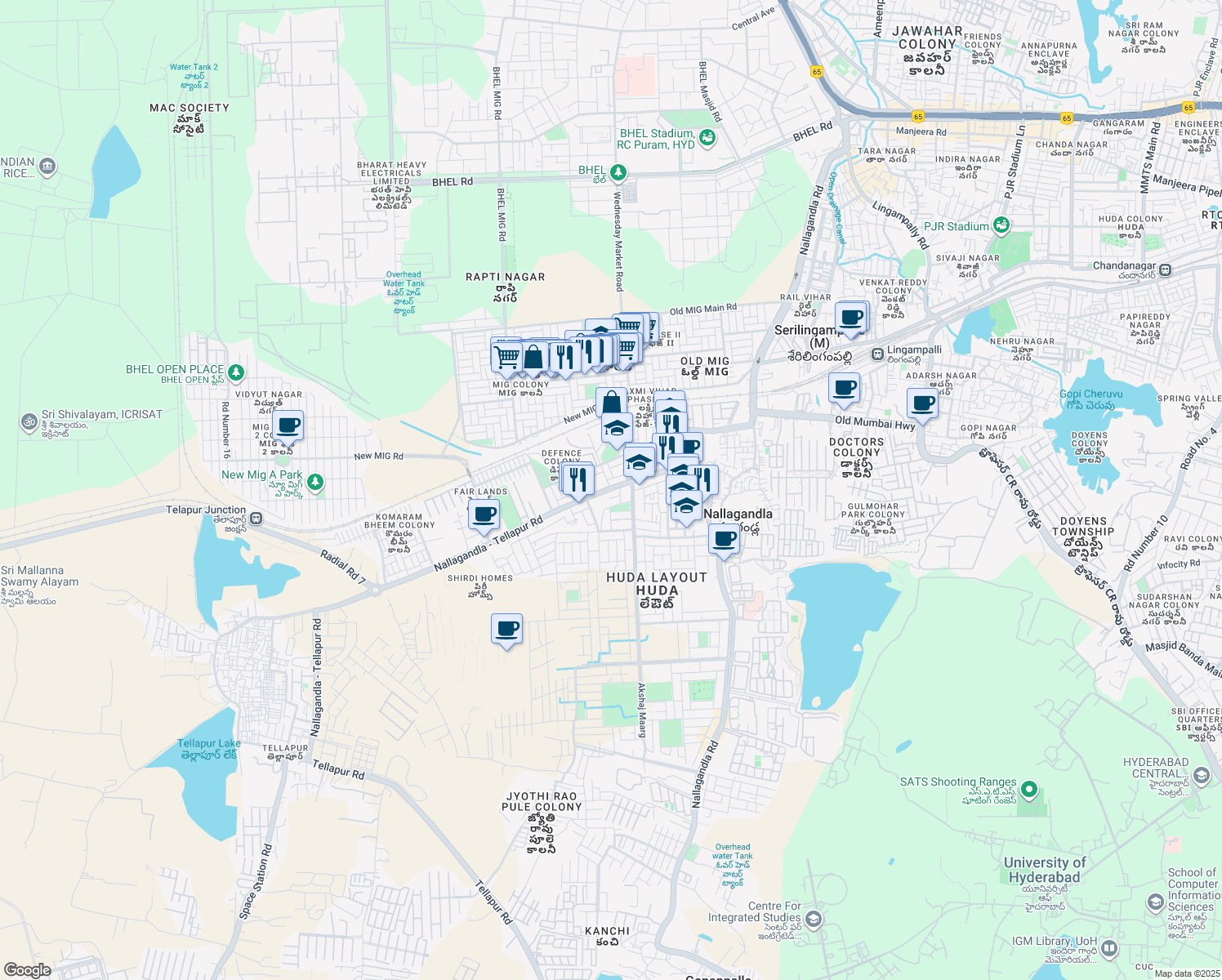 map of restaurants, bars, coffee shops, grocery stores, and more near Nallagandla - Tellapur Road in Hyderabad