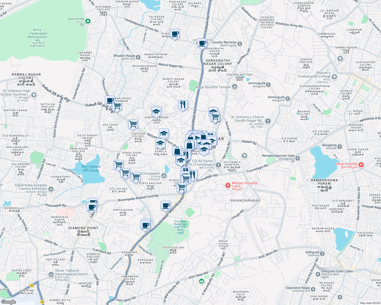map of restaurants, bars, coffee shops, grocery stores, and more near in Secunderabad