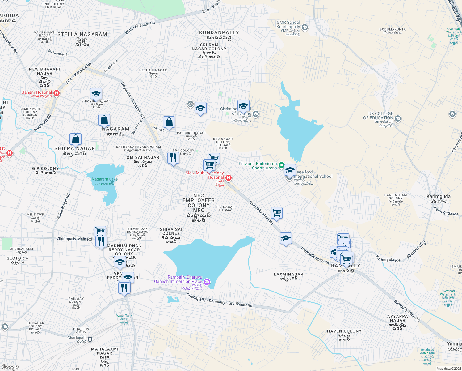 map of restaurants, bars, coffee shops, grocery stores, and more near Rampally Main Road in Secunderabad