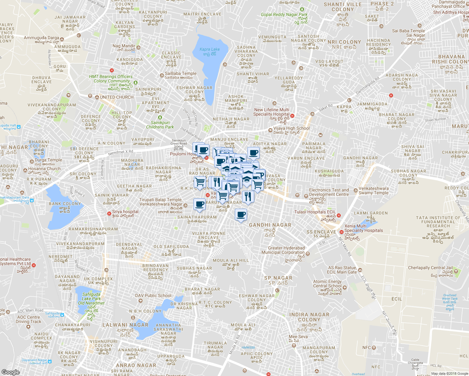 map of restaurants, bars, coffee shops, grocery stores, and more near Doctor A S Rao Nagar Road in Secunderabad