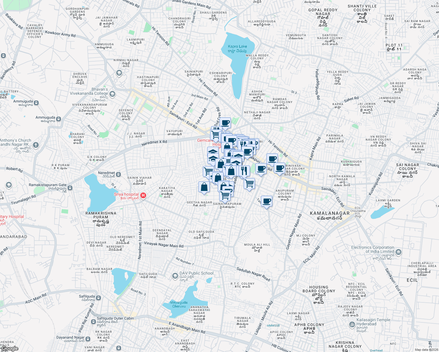 map of restaurants, bars, coffee shops, grocery stores, and more near in Secunderabad