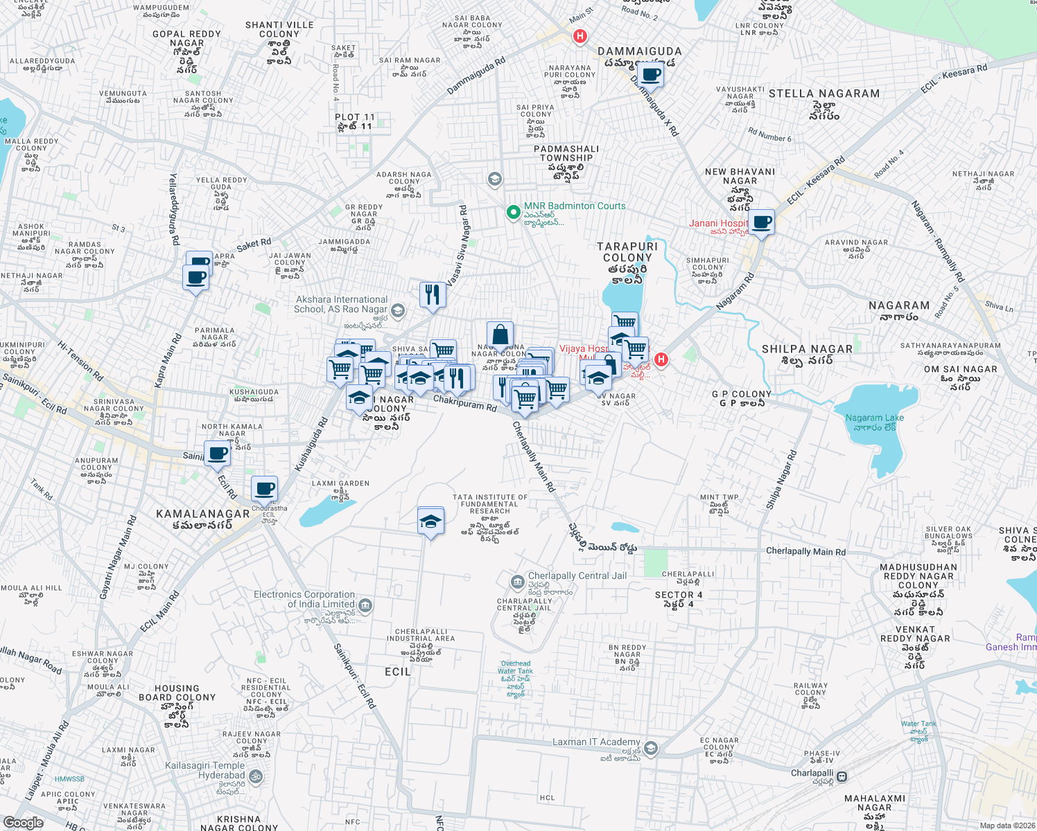 map of restaurants, bars, coffee shops, grocery stores, and more near 1-10-1/218/41/A Chakripuram Road in Secunderabad