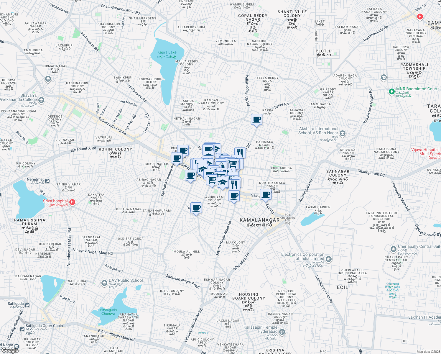 map of restaurants, bars, coffee shops, grocery stores, and more near 2nd Cross Road in Secunderabad
