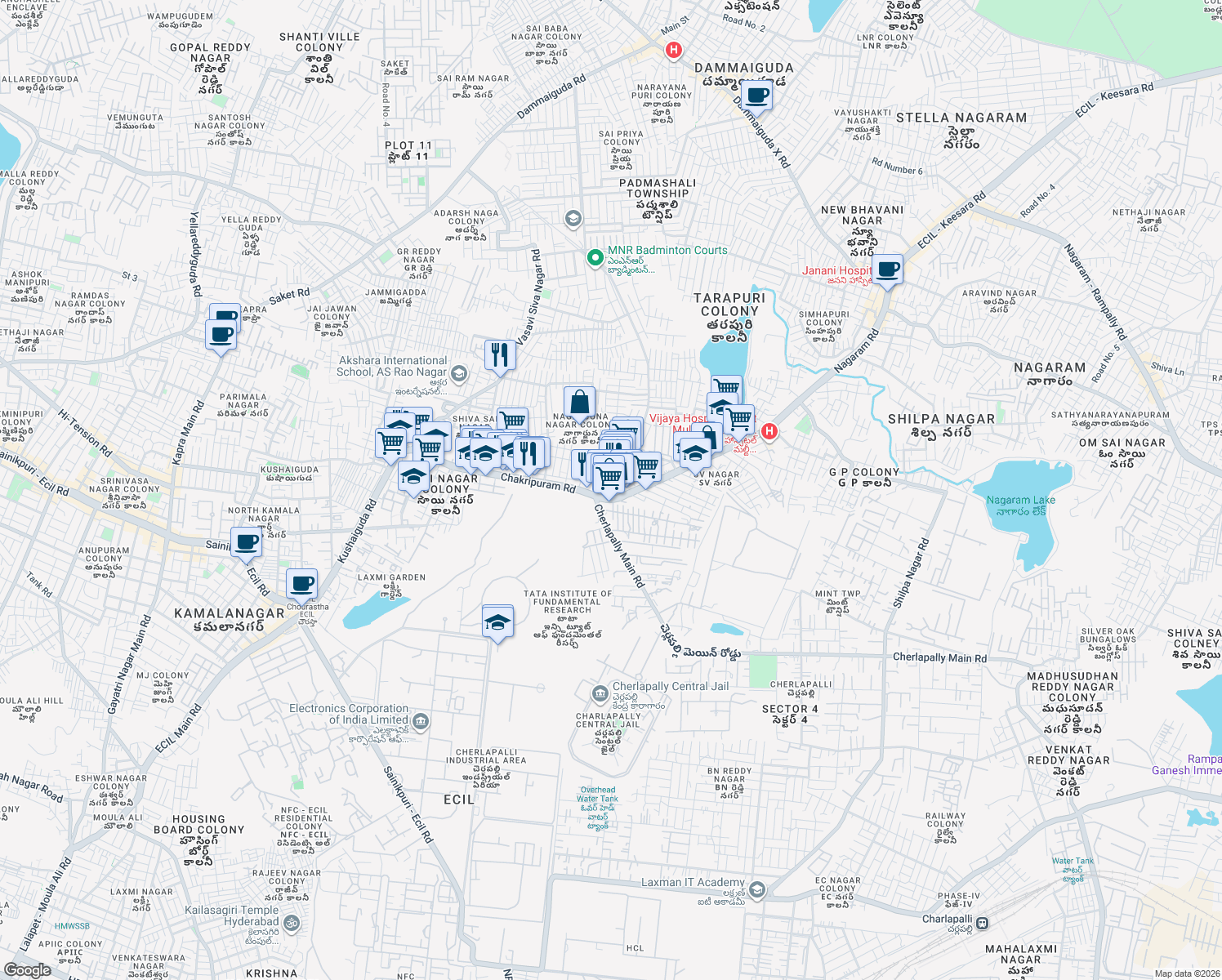 map of restaurants, bars, coffee shops, grocery stores, and more near 1-10-1/218/41/A Chakripuram Road in Secunderabad
