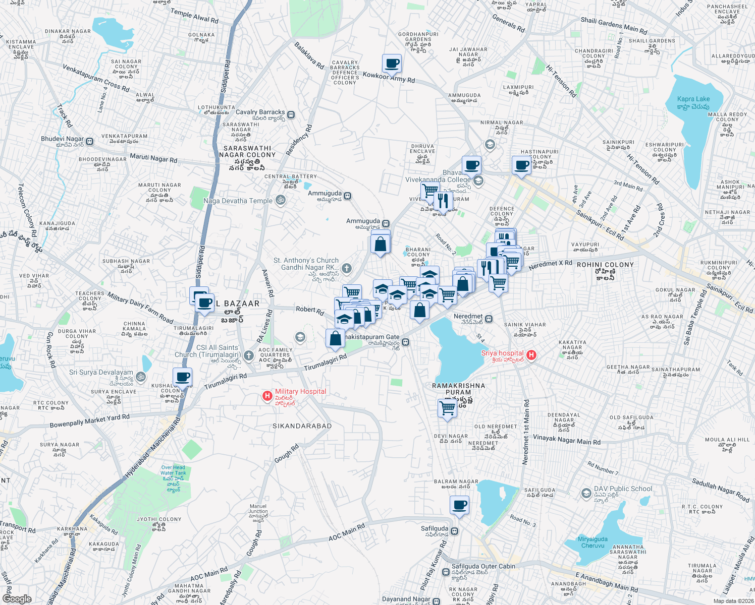 map of restaurants, bars, coffee shops, grocery stores, and more near RK Puram Flyover in Secunderabad