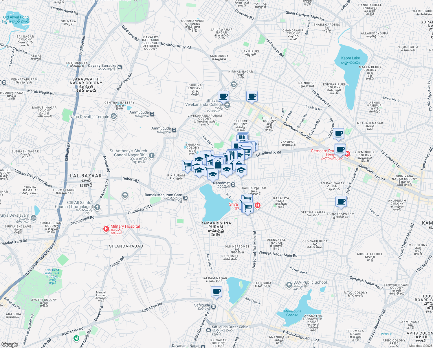 map of restaurants, bars, coffee shops, grocery stores, and more near Vinoba Nagar - Kakatiya Nagar Road in Secunderabad