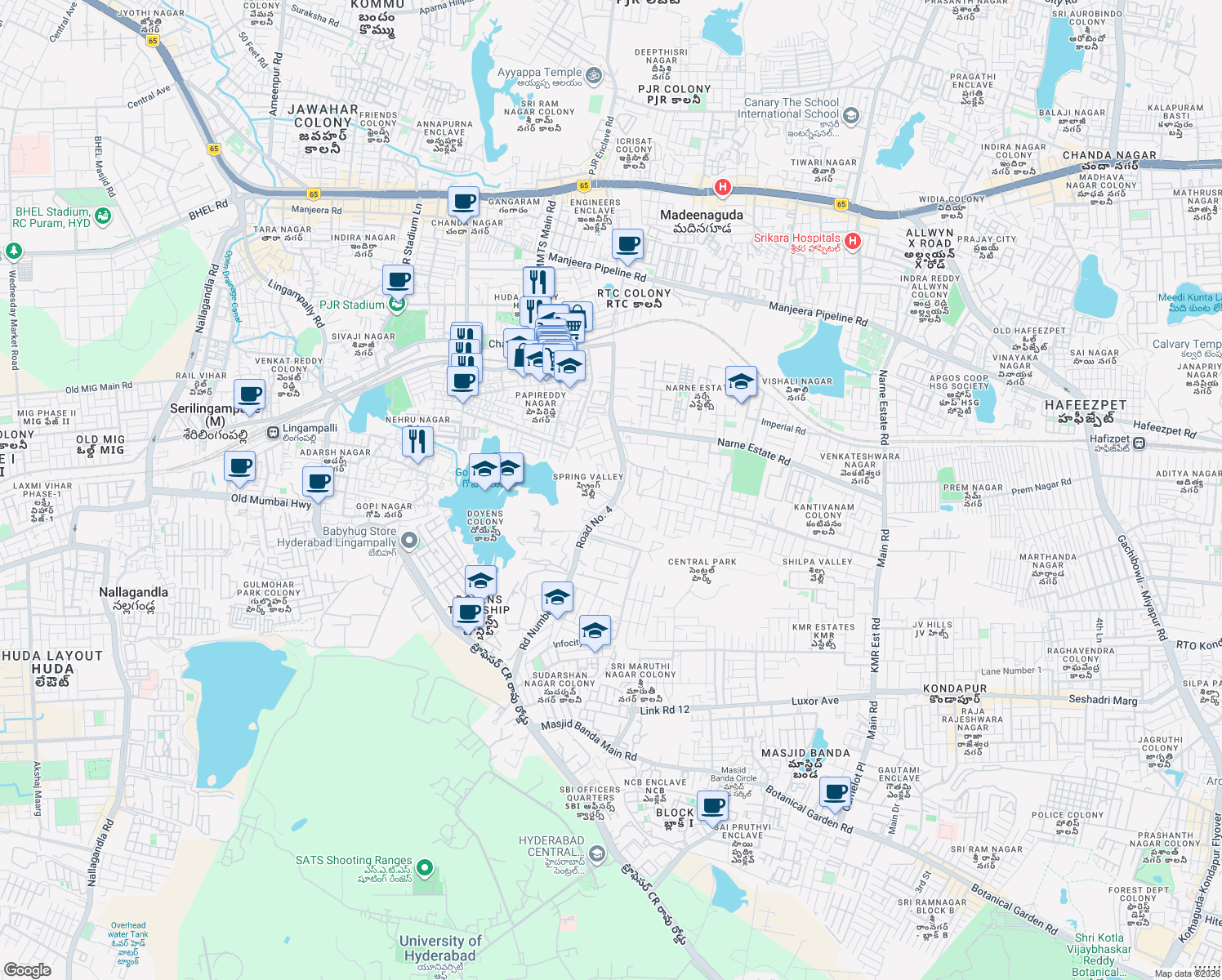 map of restaurants, bars, coffee shops, grocery stores, and more near MMTS Main Road in Hyderabad