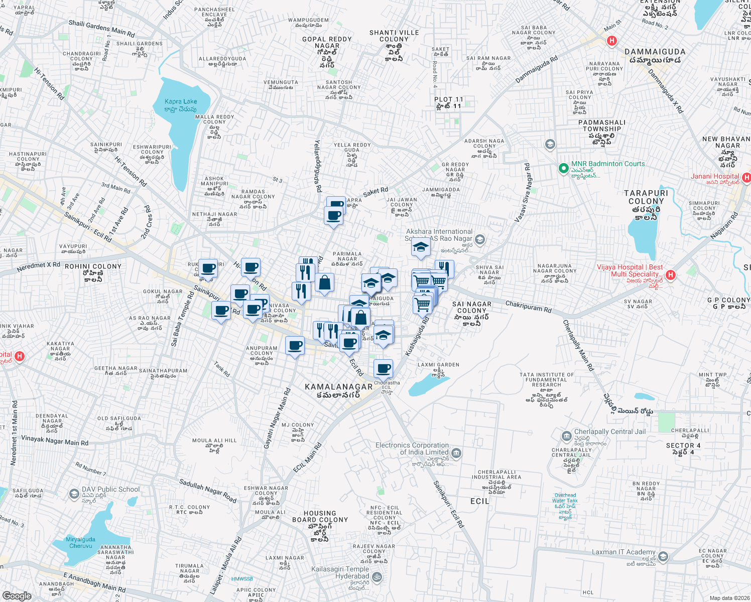 map of restaurants, bars, coffee shops, grocery stores, and more near in Secunderabad