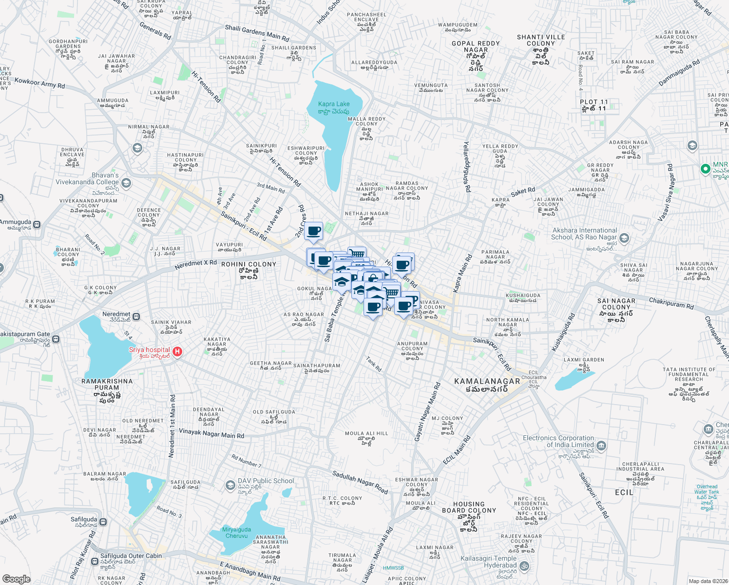 map of restaurants, bars, coffee shops, grocery stores, and more near Doctor A S Rao Nagar Road in Secunderabad