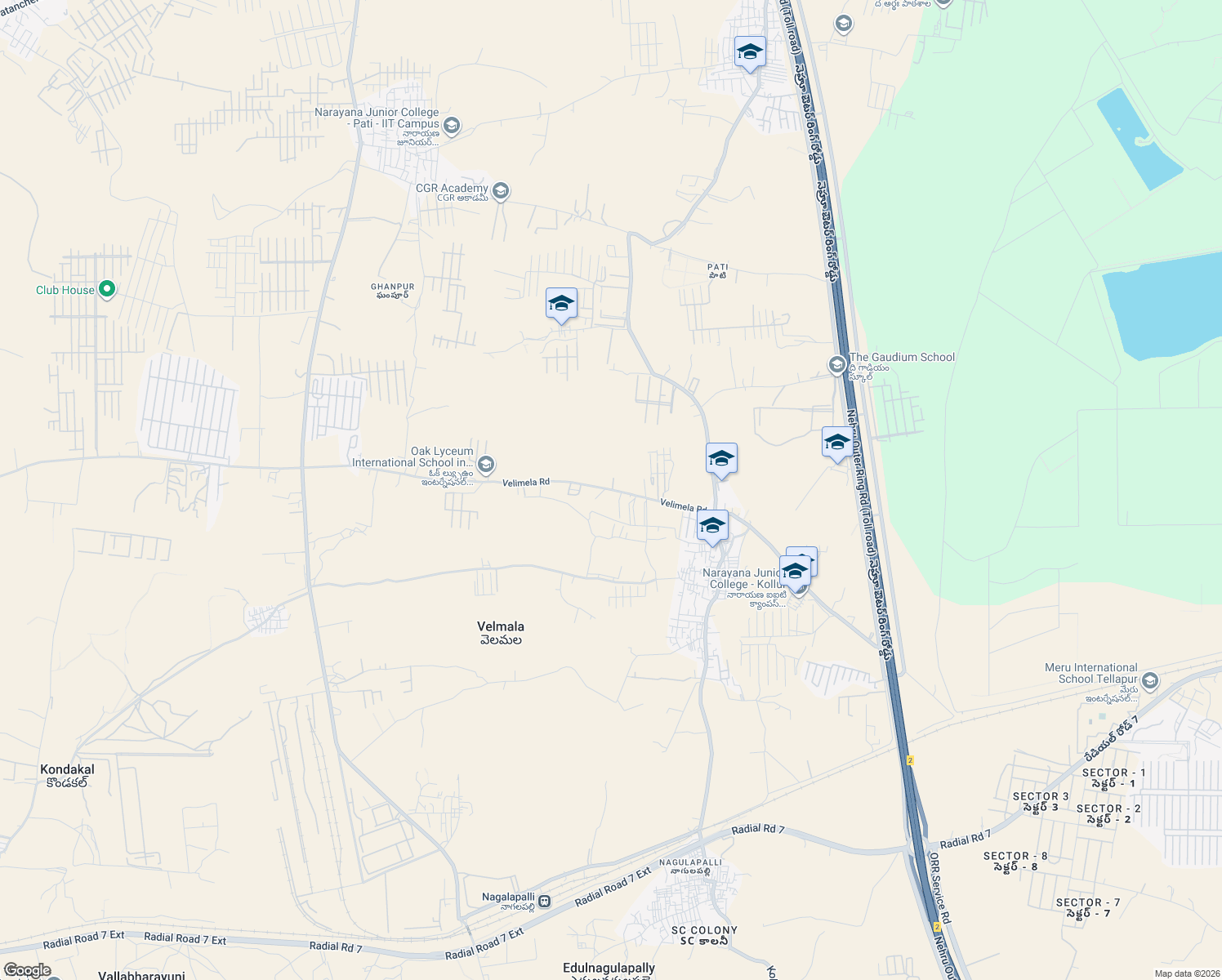 map of restaurants, bars, coffee shops, grocery stores, and more near Velimela Road in Hyderabad
