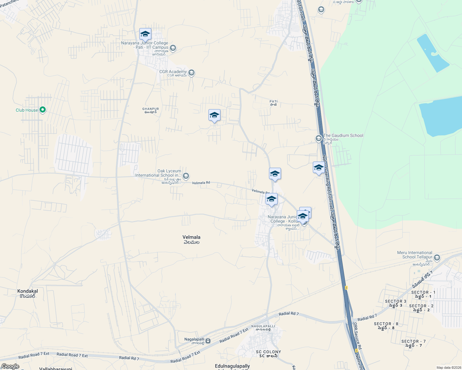 map of restaurants, bars, coffee shops, grocery stores, and more near Velimela Road in Hyderabad