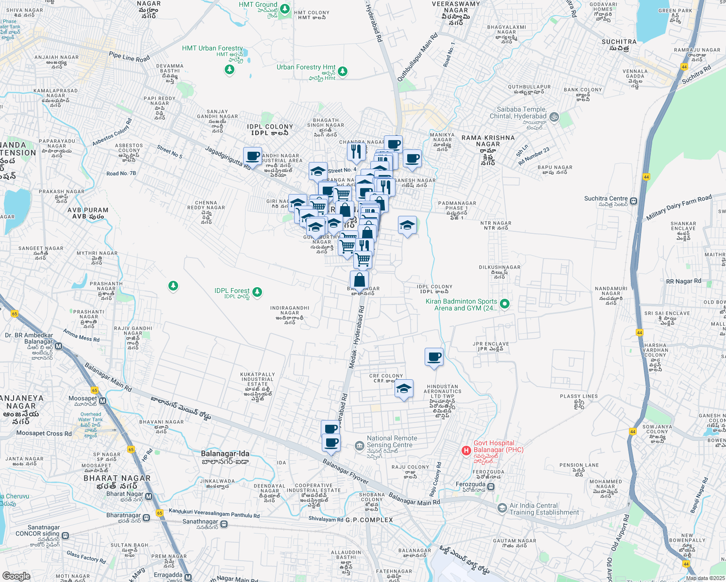 map of restaurants, bars, coffee shops, grocery stores, and more near in Hyderabad