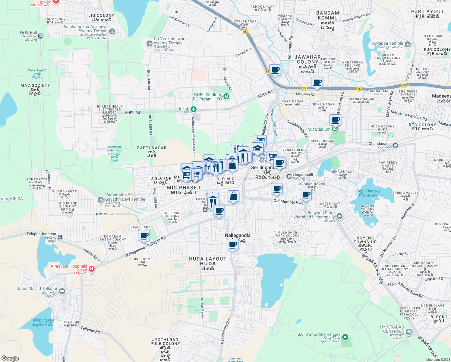 map of restaurants, bars, coffee shops, grocery stores, and more near in Hyderabad