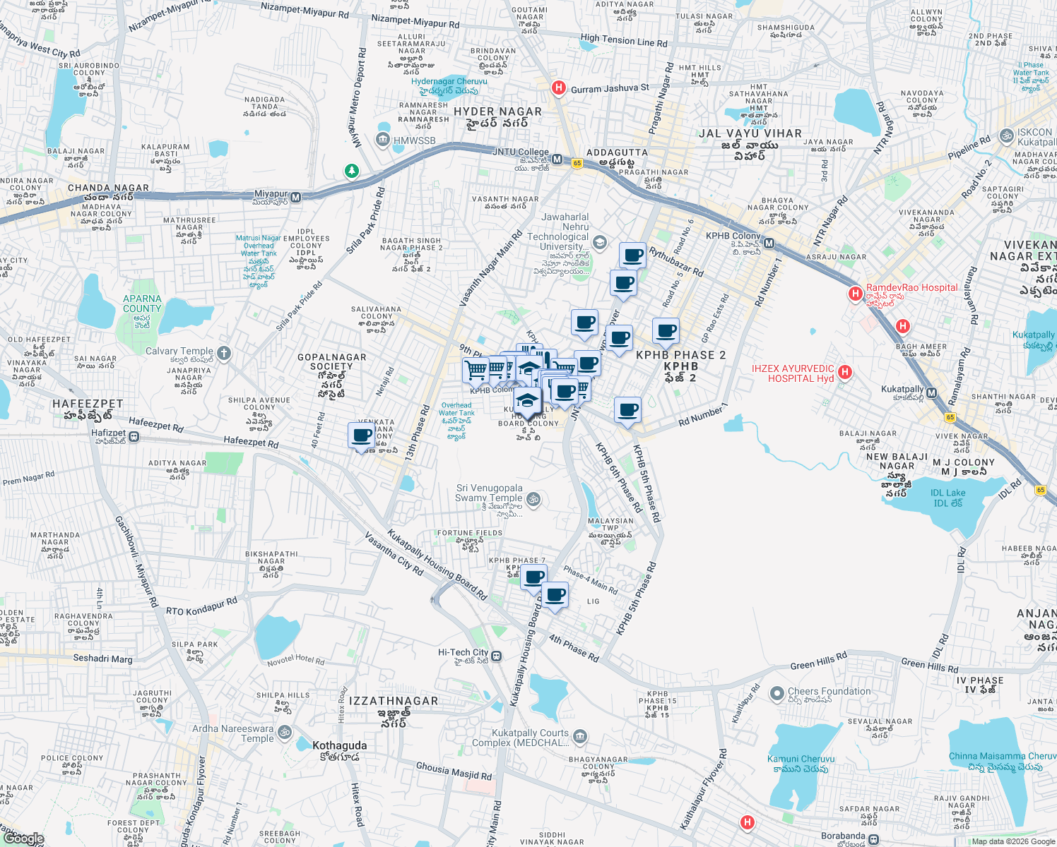 map of restaurants, bars, coffee shops, grocery stores, and more near in Hyderabad