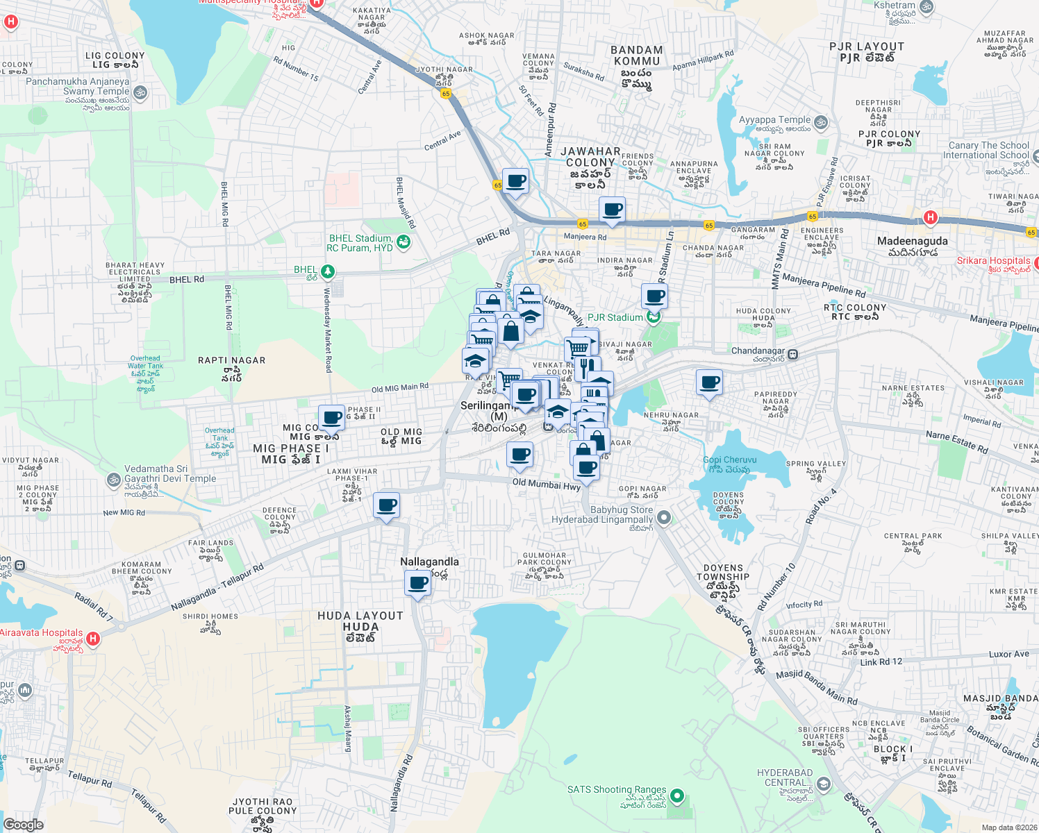 map of restaurants, bars, coffee shops, grocery stores, and more near in Serilingampalle (M)