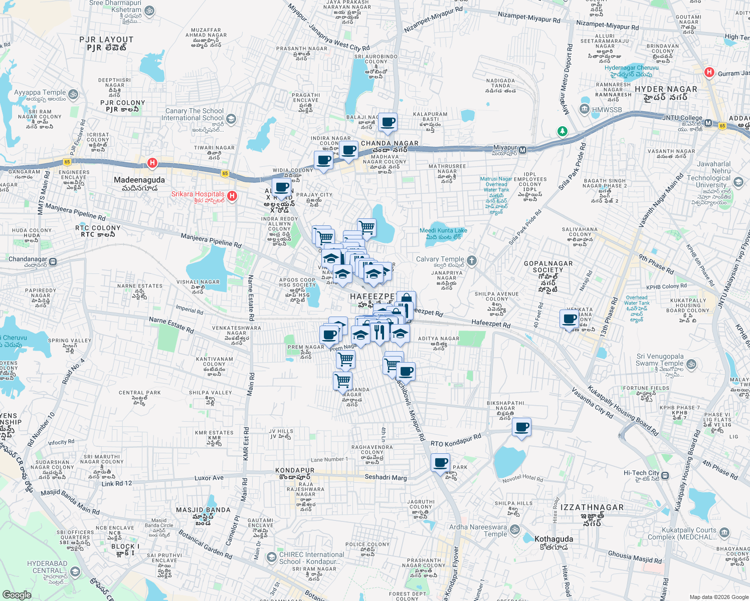 map of restaurants, bars, coffee shops, grocery stores, and more near in Hyderabad