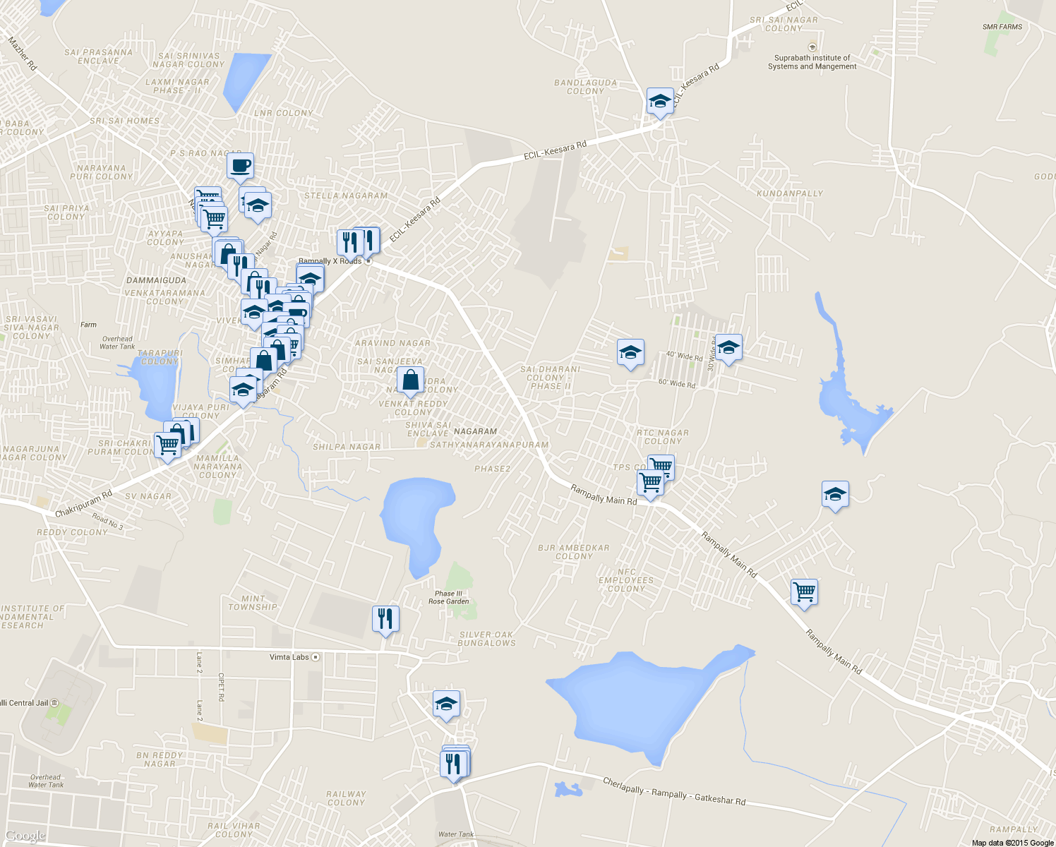 map of restaurants, bars, coffee shops, grocery stores, and more near Rampally Main Road in Secunderabad