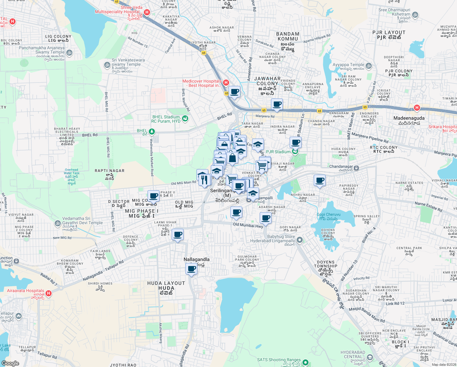 map of restaurants, bars, coffee shops, grocery stores, and more near Old Mumbai Road in Hyderabad