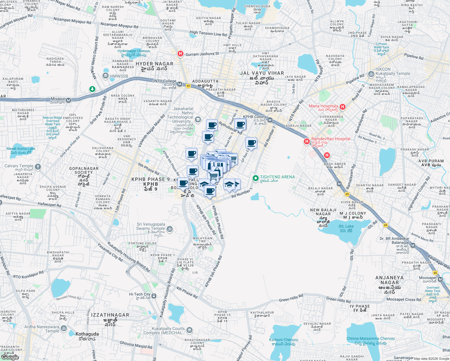 map of restaurants, bars, coffee shops, grocery stores, and more near in Hyderabad